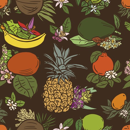 Seamless vector illustration of various tropical fruits with flowers and leaves