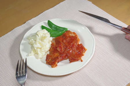 Sauteed pork with tomato sauceの写真素材