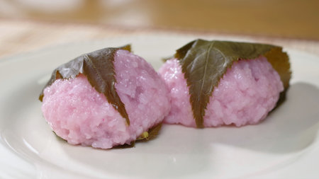 Mochi cake wrapped in salted cherry leafの写真素材