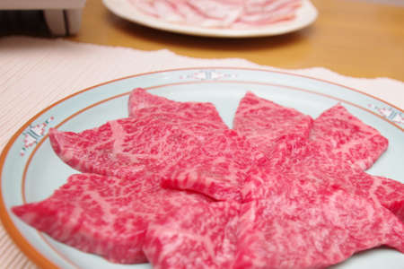 Rare part of sliced Wagyu beefの写真素材
