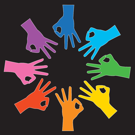 Colorful hands gesturing an okay sign and forming a circle on black background.のイラスト素材