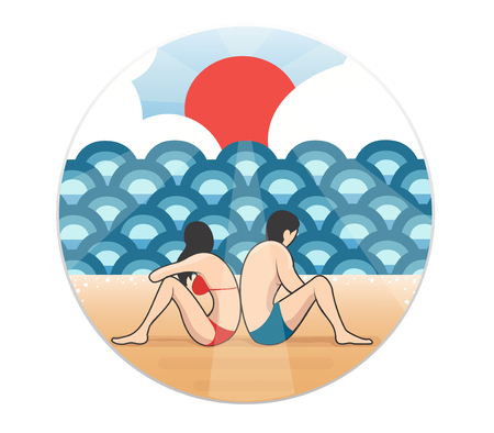 couple on the Beach cartoon vector , man and woman on the Beachのイラスト素材