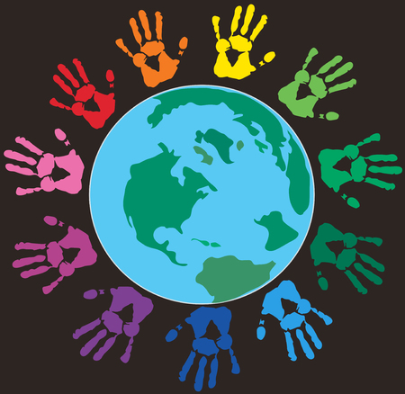 Colorful hand prints around the Earth icon.のイラスト素材