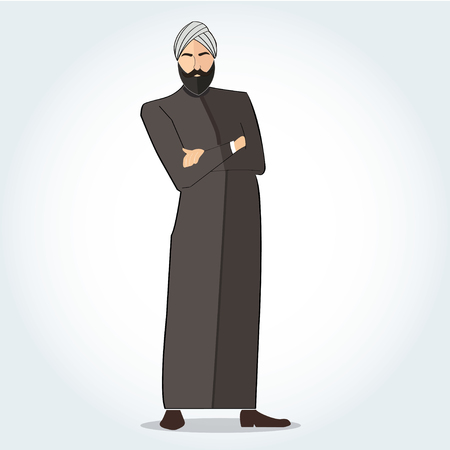 Men in black long suit and traditional turban standing in crossed arms illustration.のイラスト素材