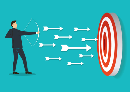 successful businessman aiming target with bow and arrowのイラスト素材