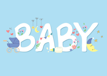 Cute baby font typography with tiny baby stroller, moon and flowers design.のイラスト素材