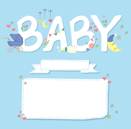 Cute baby shower card, with text, baby,and tiny baby stroller, moon hearts and flowers design.のイラスト素材