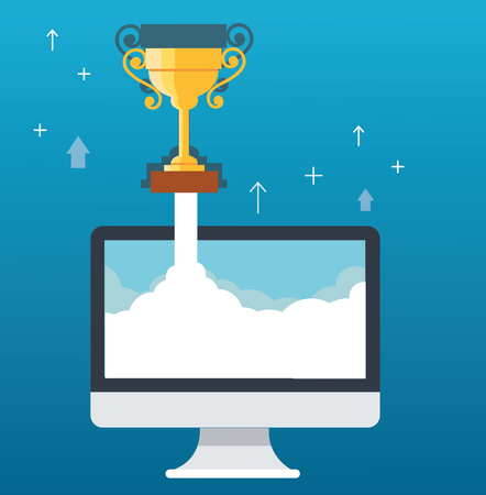 Trophy on cloud and computer, startup business concept illustrationのイラスト素材