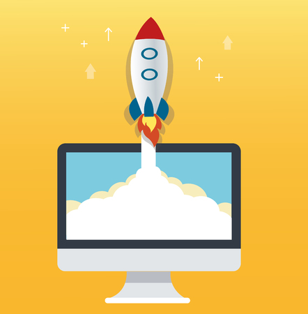 the rocket icon and computer yellow background, startup business concept illustrationのイラスト素材
