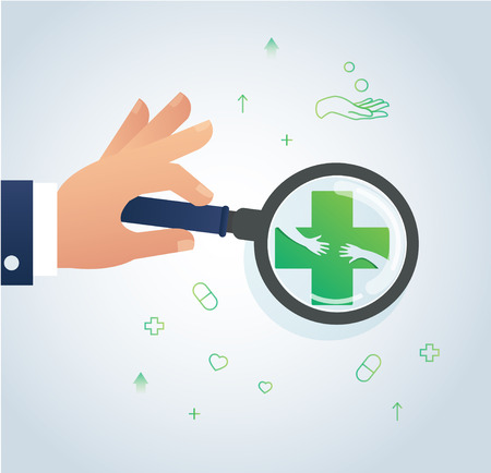 hand holding the magnifying glass and healthcare and medical  icon design logo symbol vectorのイラスト素材