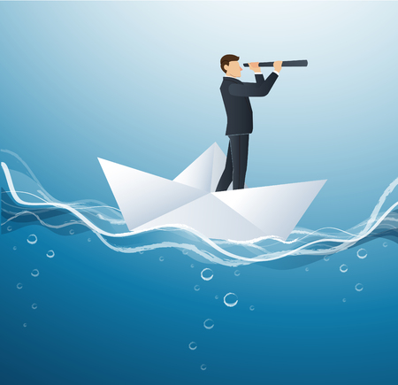 A businessman looks through a telescope standing on paper boat vector, business concept illustrationのイラスト素材