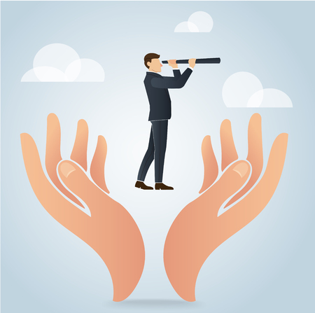 Businessman using a telescope on big hand vector, business conceptのイラスト素材