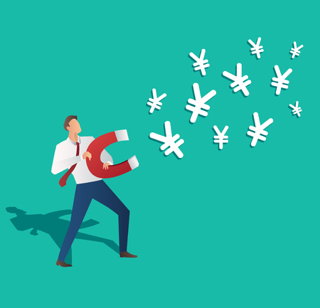Business concept. Businessman attracting Yen icon with magnet vector illustration.のイラスト素材