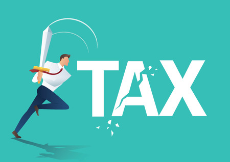 Business man using sword cut tax, business concept of reducing and lowering taxes vector illustrationのイラスト素材