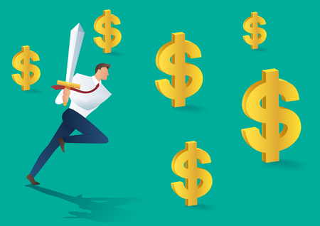 Business man with sword running and dollar icon, business concept of successful vector illustrationのイラスト素材