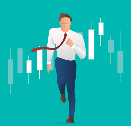 Businessman running with candlestick chart background, concept of stock market, vector illustration.のイラスト素材