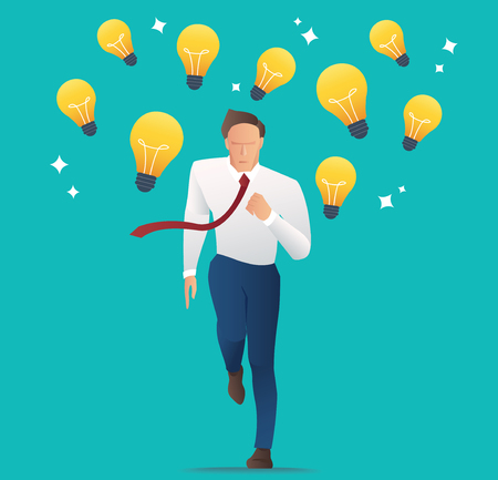 Businessman running with light bulbs. Concept of creativity, competition and innovation.のイラスト素材
