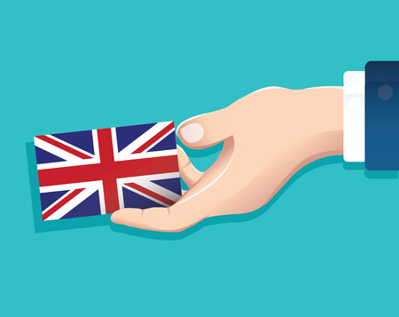 hand holding England flag card with blue background. vector illustration eps10のイラスト素材