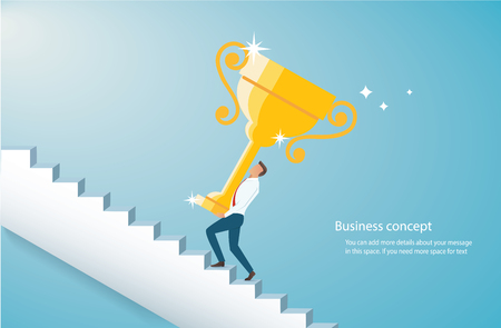 Man holding the gold trophy climbing  stairs to successのイラスト素材