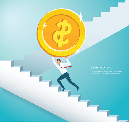 Man holding the big gold coin climbing  stairs to successのイラスト素材