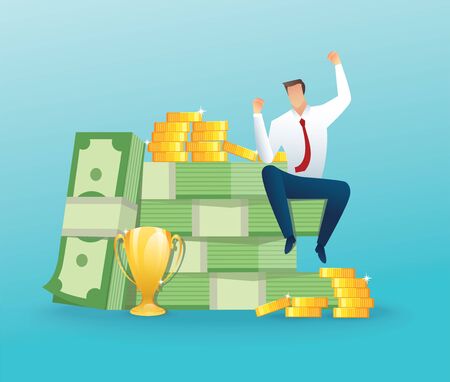 Businessman sitting on a big money and coins.のイラスト素材