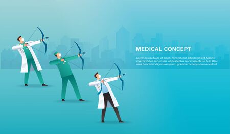 doctor with bow aiming the virus , medical concept. vector illustrationのイラスト素材