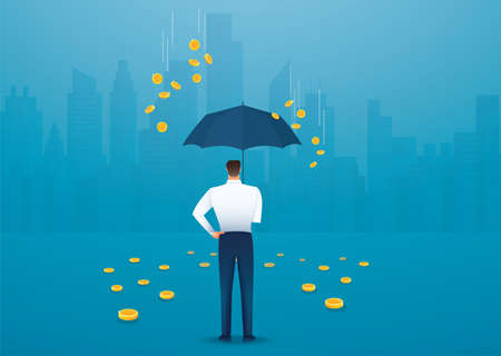 Business man holding an umbrella, money falling from the sky. concept of success. vector illustrationのイラスト素材