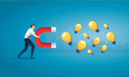 man holding magnet attracting light bulb creative concept. vector illustration