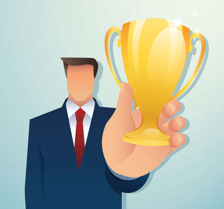Businessman holding gold trophy. Concept of win and success. vector illustrationのイラスト素材