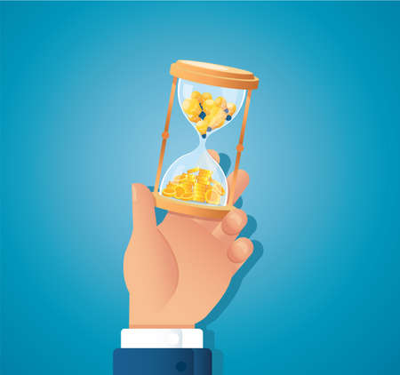 hand holding hourglass full of light bulb and coins