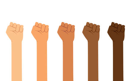 Different skin colors fist hands rise up. Empowering, Labor day, humans right, fight conceptのイラスト素材