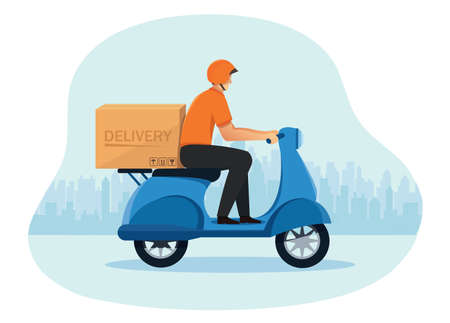 delivery man riding scooter motorcycle Concept of delivery service. vector illustrationのイラスト素材