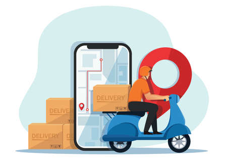 delivery man riding scooter motorcycle Concept of delivery service. vector illustrationのイラスト素材