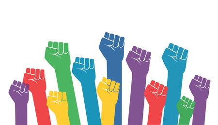 Group of fists raised in air. vector illustrationのイラスト素材