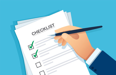 Checklist clipboard. Hand writing something with a pen on a checklist note paperのイラスト素材