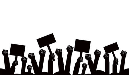 Group of fists raised in air. Group of protestors fists raised up in the air vector illustrationのイラスト素材