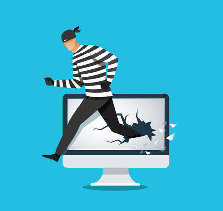 Hacker, thief hacking into a computer. vector illustrationのイラスト素材
