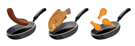 set of fried chicken , meat and fish in frying pan vector illustrationのイラスト素材