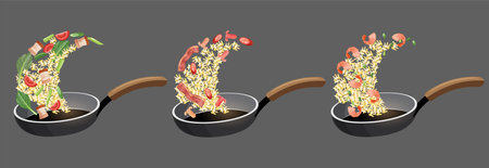 set of fried rice cooking in a pan vector illustrationのイラスト素材
