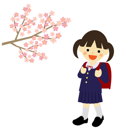 School girl with blooming cherry blossomsのイラスト素材