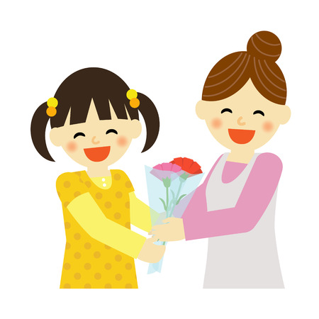 girl giving flower to mother on Mothersdayのイラスト素材