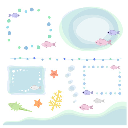 Set of fish and sea elements hand drawing decorationのイラスト素材