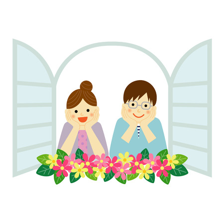 Dreaming young couple looking out from the Windowのイラスト素材