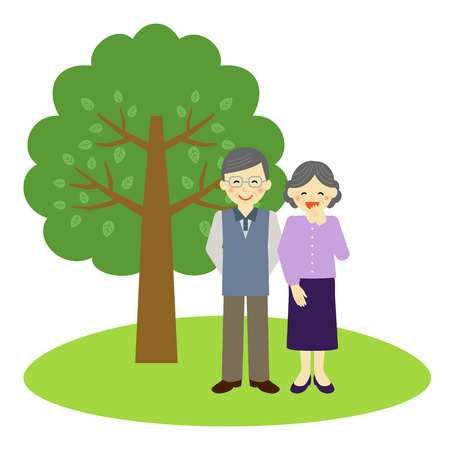 Happy senior couple standing near the treeのイラスト素材