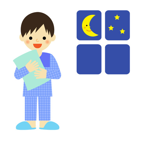 Boy in pajamas holding a pillowのイラスト素材