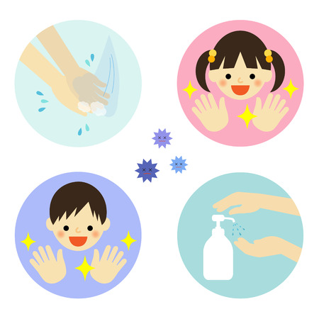 Hand washing with water and alcohol for kidsのイラスト素材