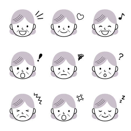 Senior woman facial expression iconsのイラスト素材
