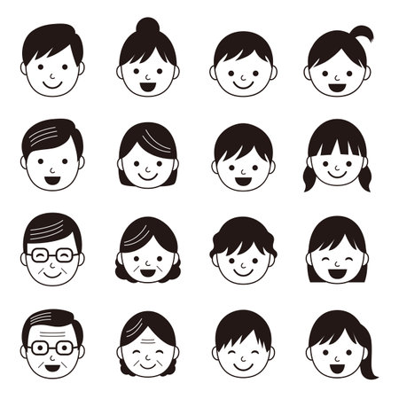 set of black and white family face iconsのイラスト素材