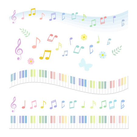 Set of colorful music notes and keyboardのイラスト素材