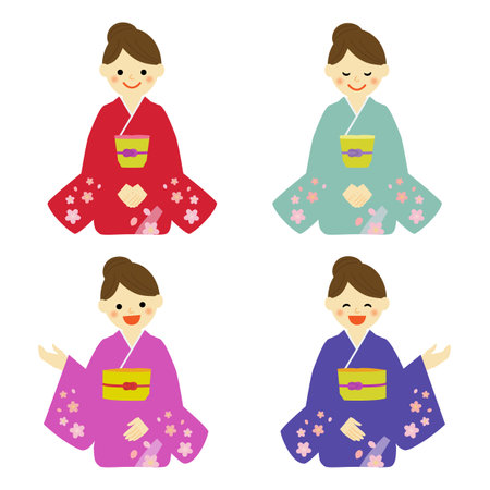 Young woman wearing traditional Japanese dress, kimonoのイラスト素材